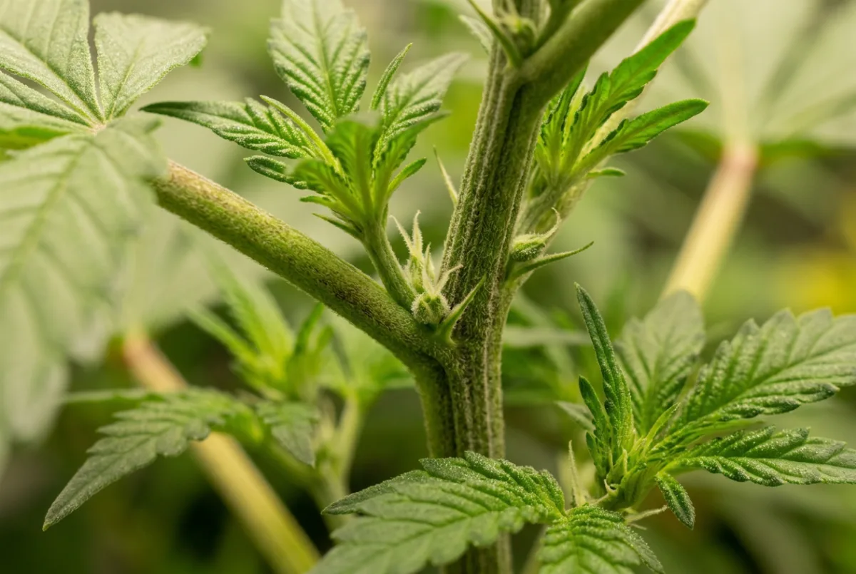 Vorblüte: erste weiße Blütenhärchen am Cannabis-Trieb