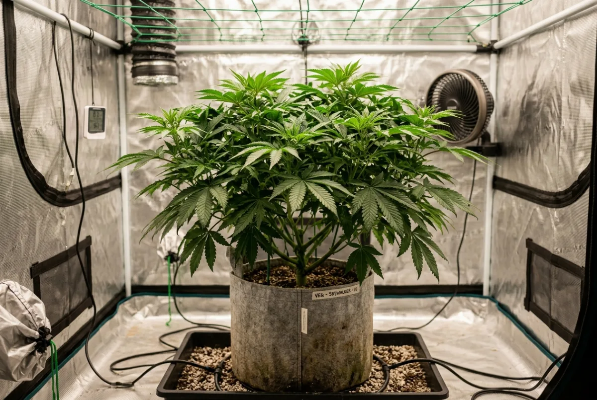 Buschige Cannabis-Pflanze in der Wachstumsphase im Growzelt