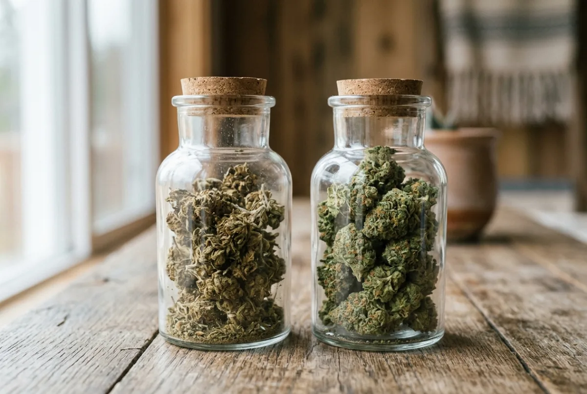 Vergleich: zu trockene und optimal gecurte Blüten im Glas