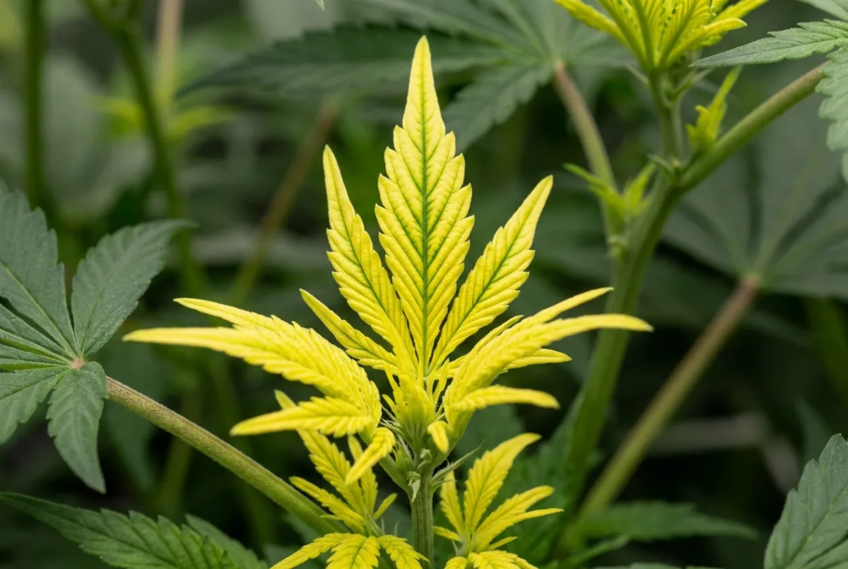Eisenmangel: hellgelbe junge Cannabis-Blätter mit grünen Adern