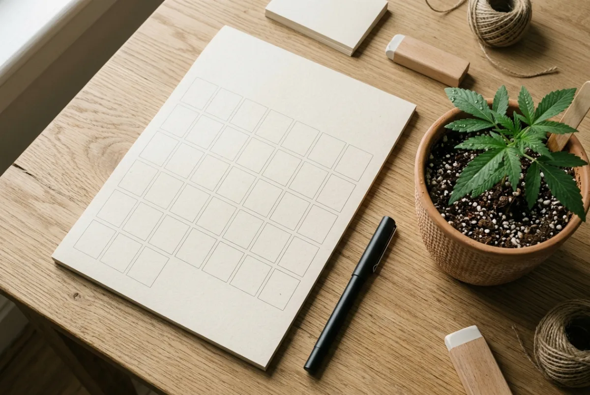 Kalender und Stift neben einem Cannabis-Sämling zur Grow-Planung