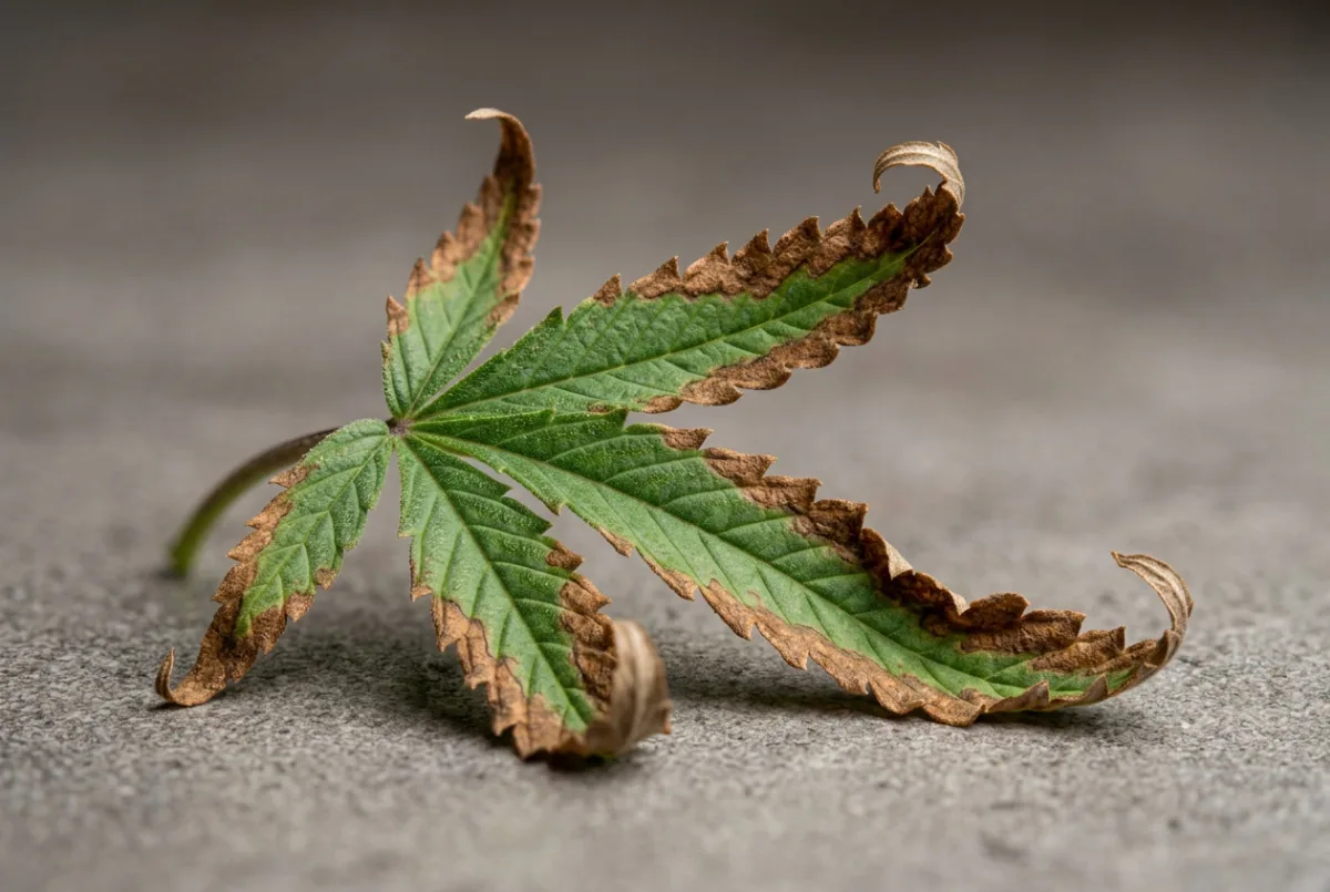 Kaliummangel: braune, trockene Blattränder am Cannabis-Blatt