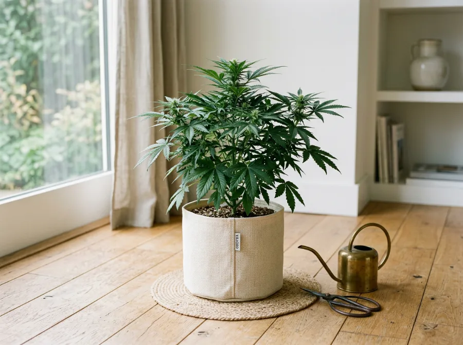 Cannabis anbauen: gesunde Pflanze im Stofftopf mit Gießkanne und Schere