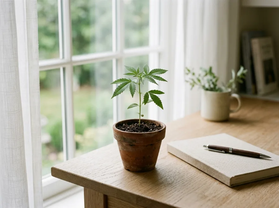 Cannabis-Grundlagen: Sämling im Tontopf neben Notizbuch am Fenster