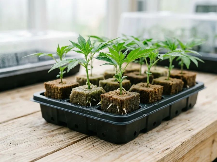 Vermehrung: bewurzelte Cannabis-Stecklinge in Anzuchtwürfeln
