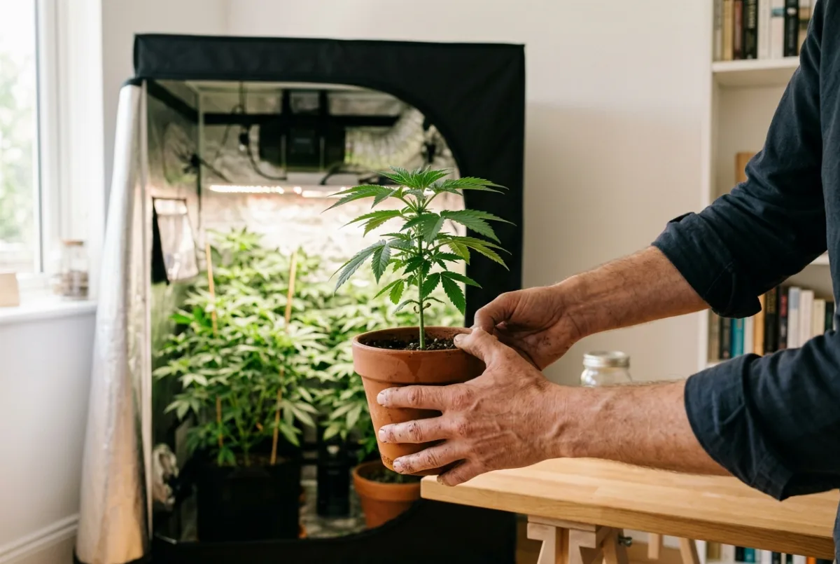 Männliche Cannabis-Pflanze wird aus dem Growzelt entfernt