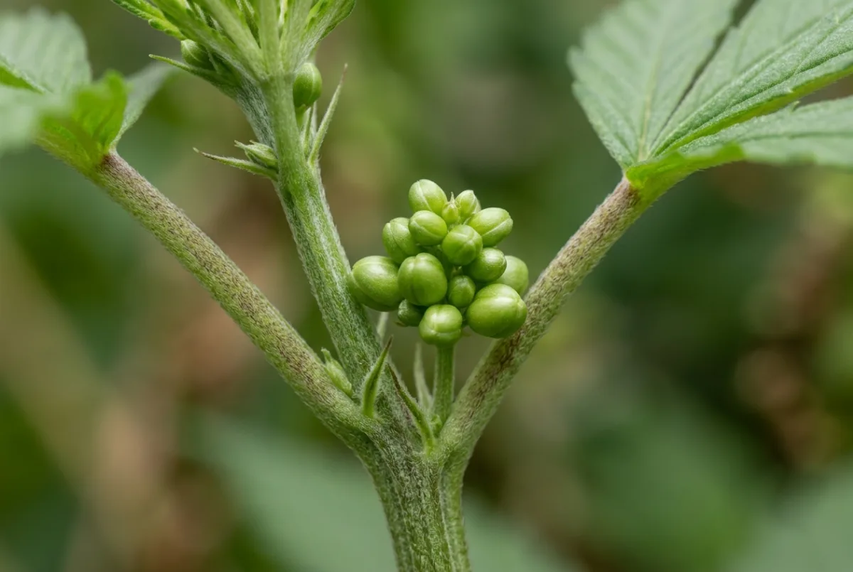 Männliche Vorblüte: glatte runde Pollensäcke ohne Härchen