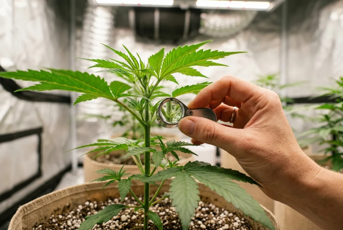 Nodium einer jungen Cannabis-Pflanze wird mit einer Lupe geprüft