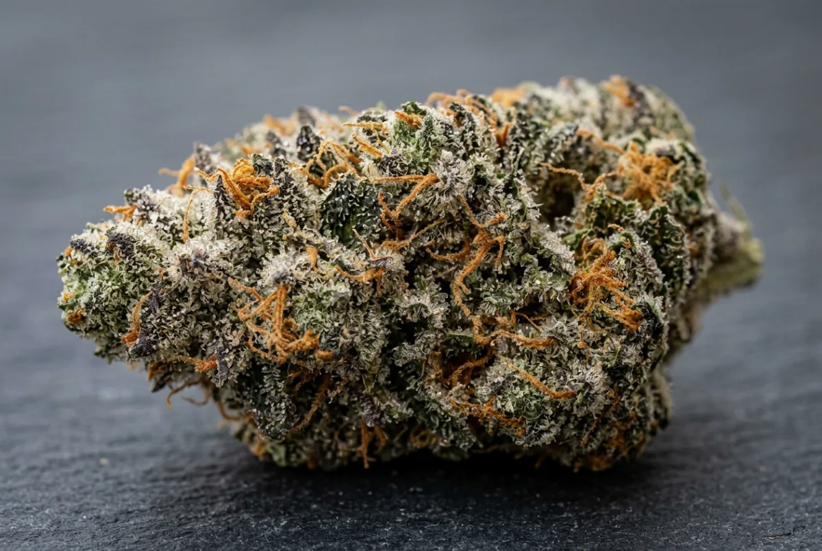 Perfekt gecurte Cannabis-Blüte mit dichten Trichomen