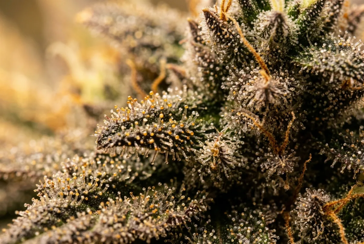 Bernsteinfarbene Trichome an einer reifen Cannabis-Blüte