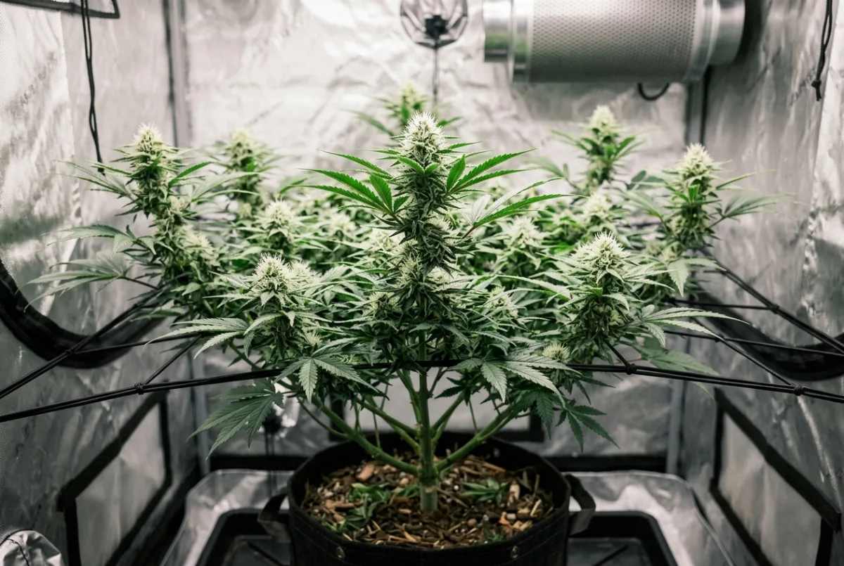 Weibliche Cannabis-Pflanze in der frühen Blüte mit vielen weißen Stigmen
