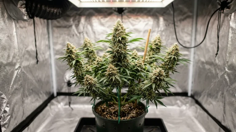 Autoflower Blütephase: kompakte Pflanze mit harzigen Blüten im Growzelt