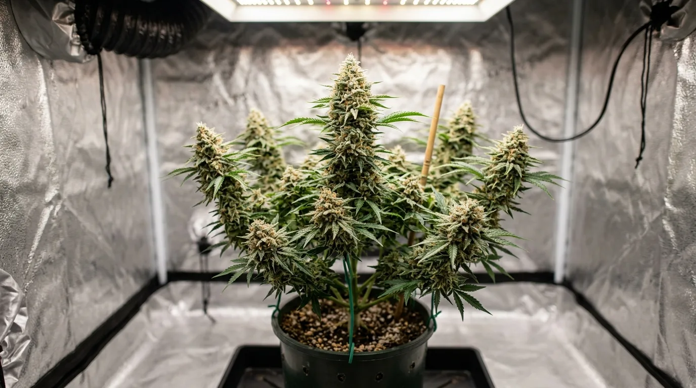 Autoflower Blütephase: kompakte Pflanze mit harzigen Blüten im Growzelt