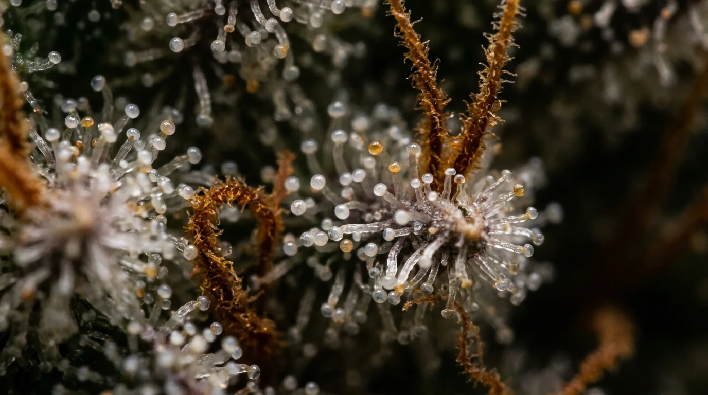 Trichome einer Autoflower am Ende der Blütephase unter der Lupe