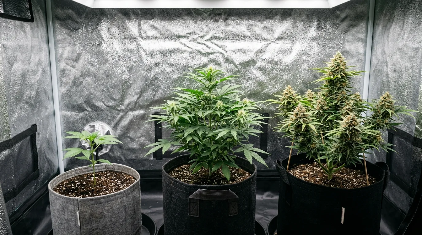 Drei Autoflower in unterschiedlichen Phasen von Sämling bis Blüte